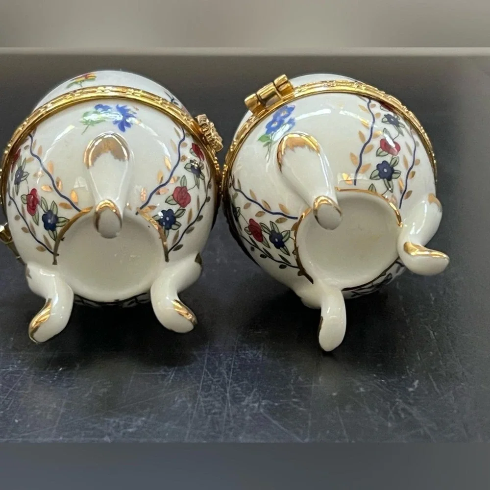 Trinket Box White Floral Gold Trim Hinged Footed Egg Set of 2 Small